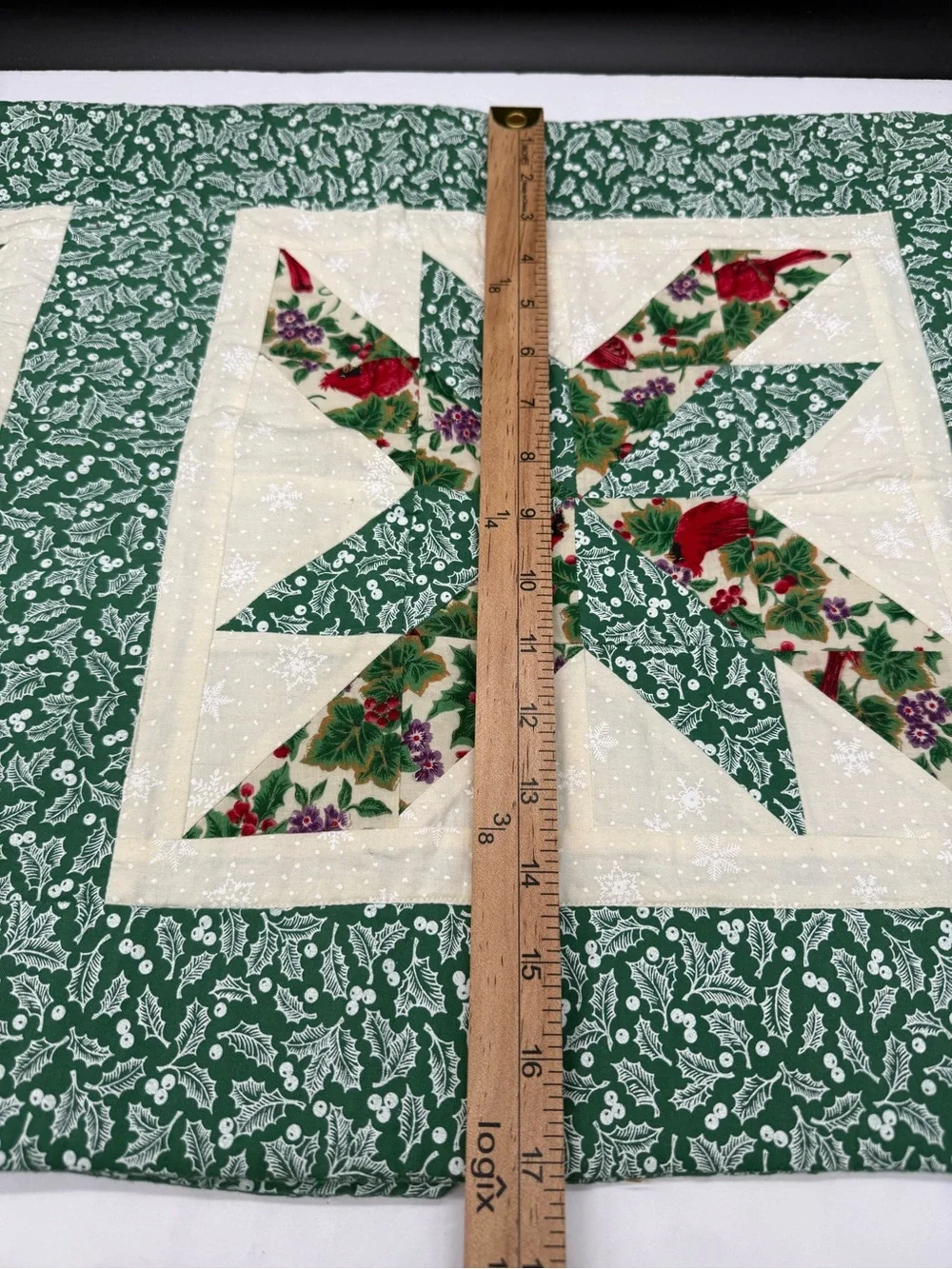 Vintage Handmade Christmas Quilted Table Runner Cardinal Patchwork Star 46”